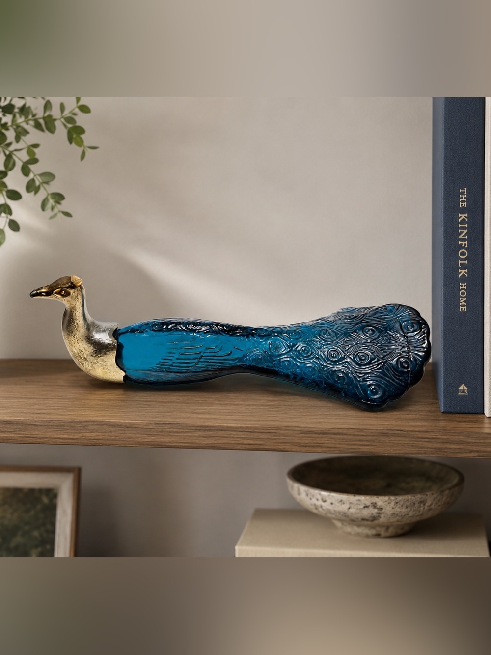 Avon Peacock Perfume Bottle Blue Green Glass Gold Tone Empty MCM Decor 10"
